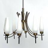 Mid-Century 8 lights brass and opaline glass chandelier. Italy 1950s
