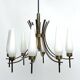 Mid-Century 8 lights brass and opaline glass chandelier. Italy 1950s