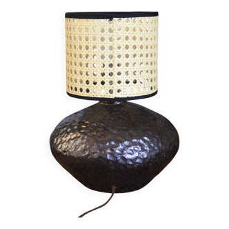 Stoneware lamp with cane shade