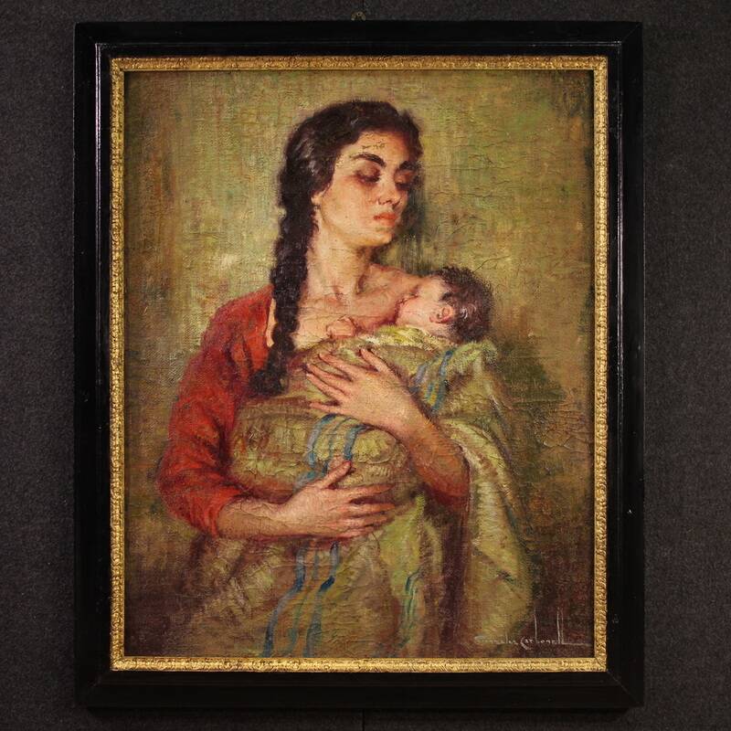 Peinture espagnole "Maternité" signée, 20e siècle