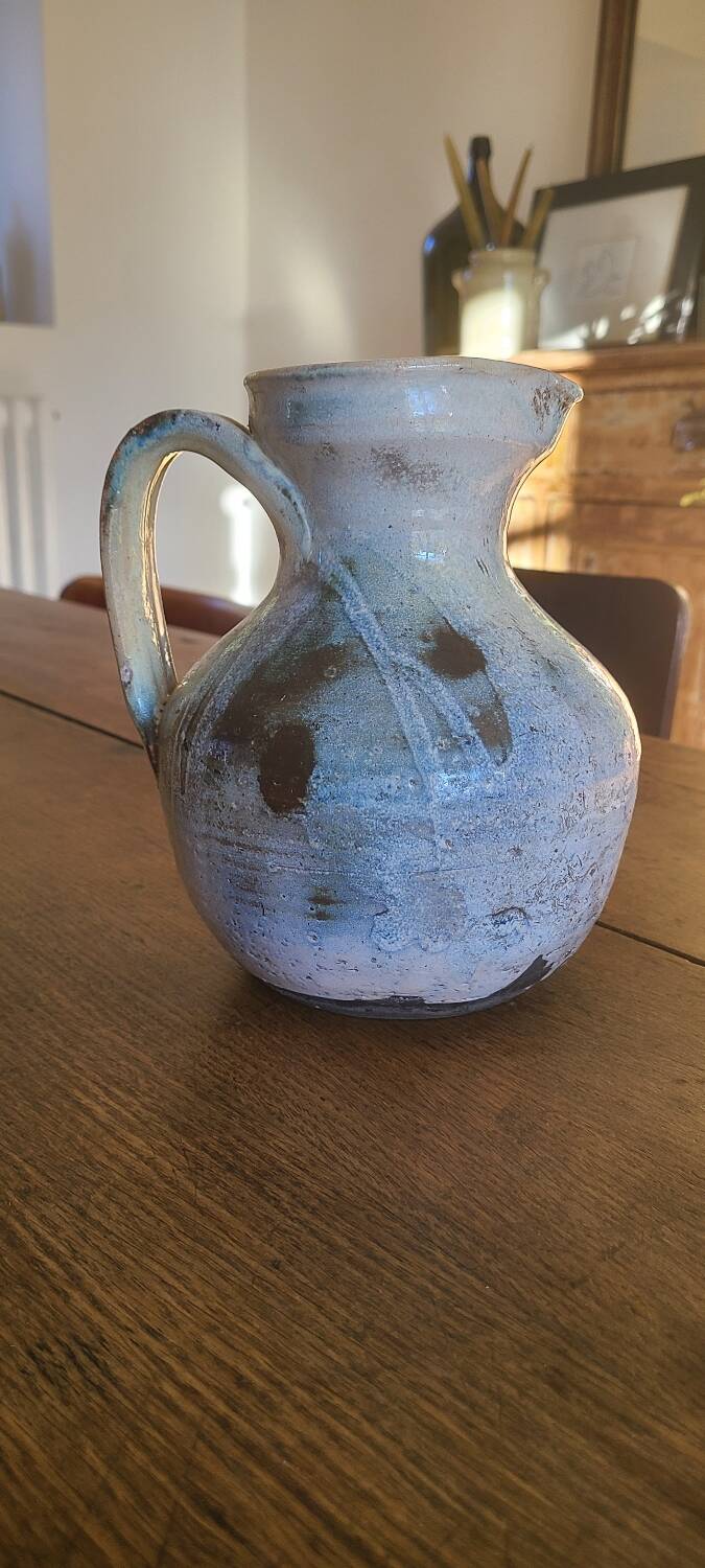 Old bulbous jug pottery vase glazed grey-blue stoneware vintage