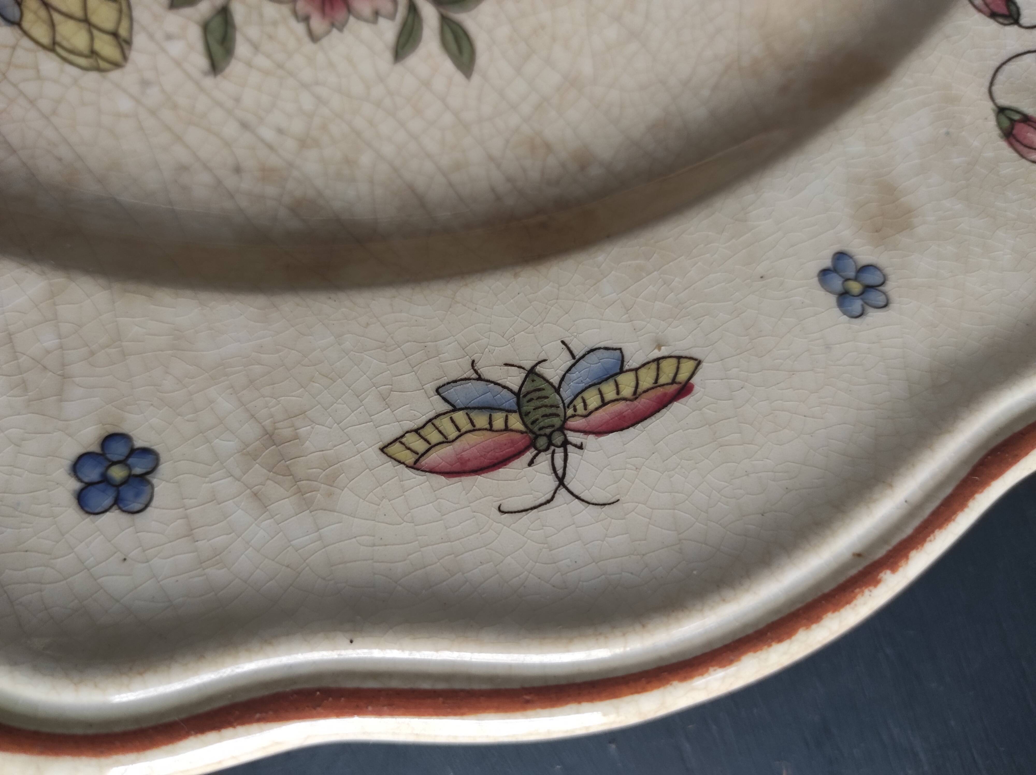 Vintage French round serving plate faience de Rouen, representing a horn of plenty