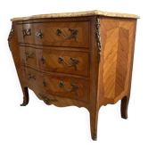 Louis XV style commode in marquetry – beige marble – gilded bronze