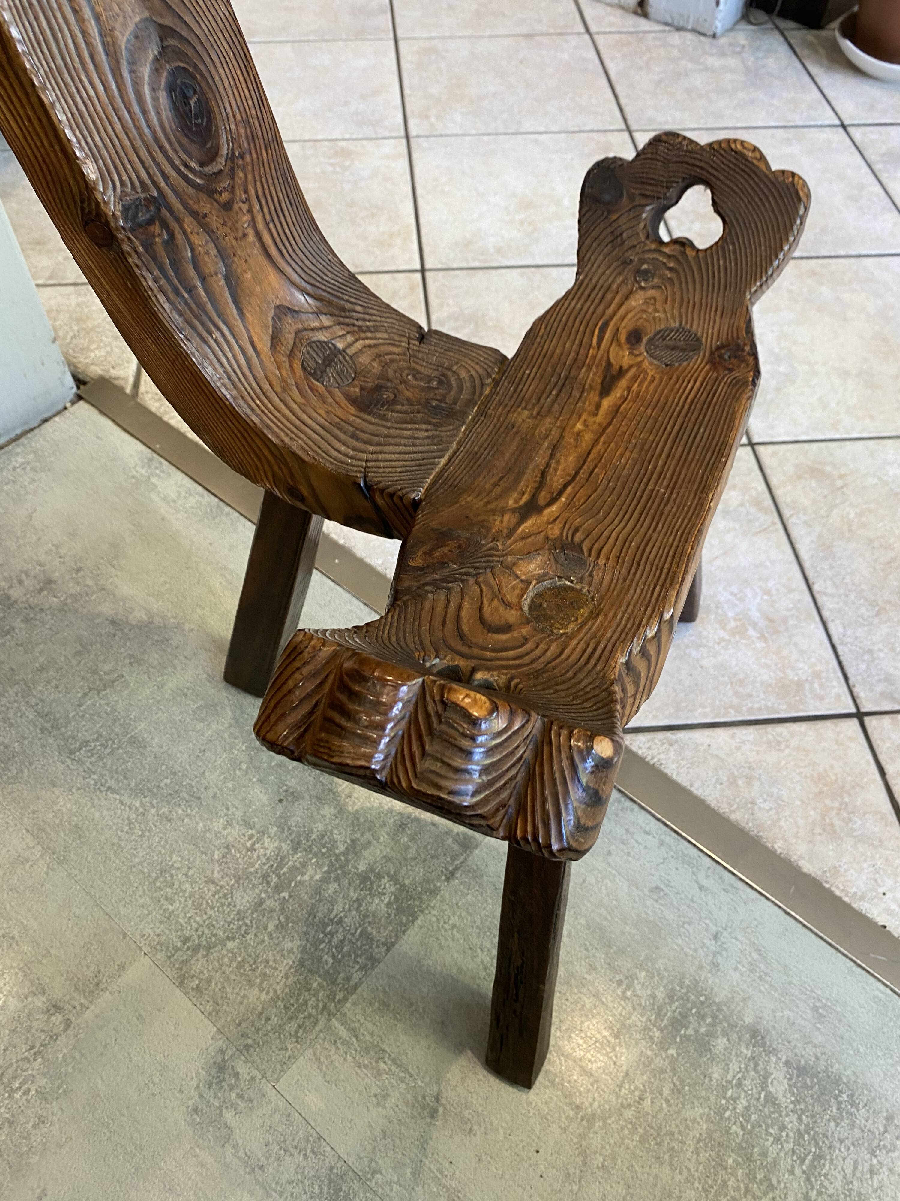 Brutalist tripod chair n1, carved solid wood, antique.