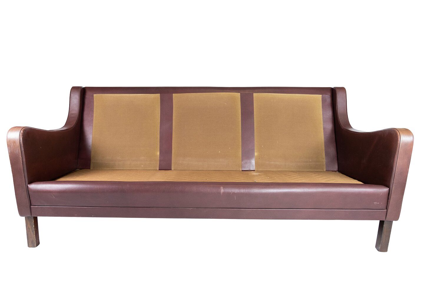 Three seater sofa, with red brown leather by Stouby Furniture from the 1960s