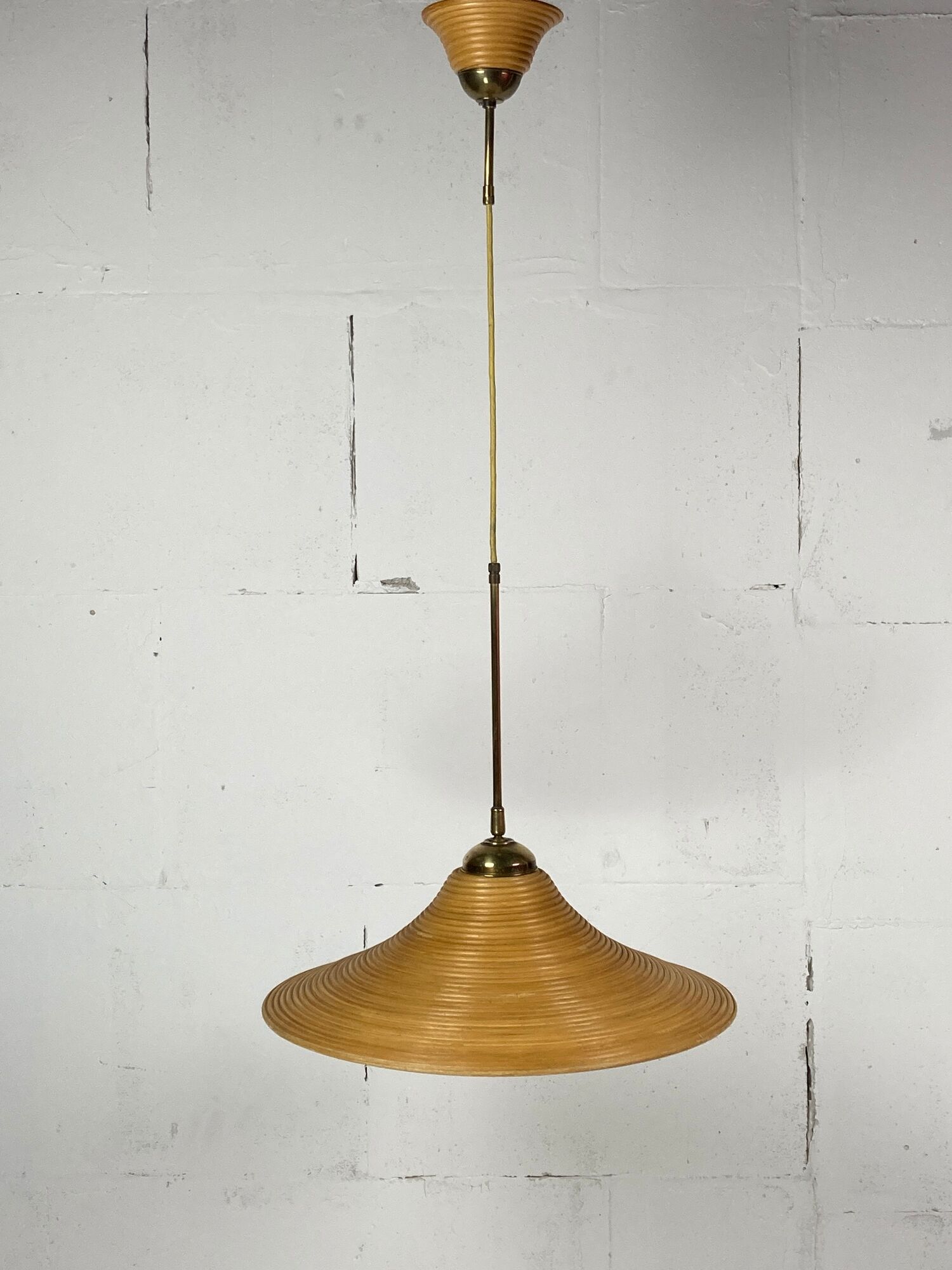 Pair pencil reed rattan bamboo and brass pendants, Italy 1970s