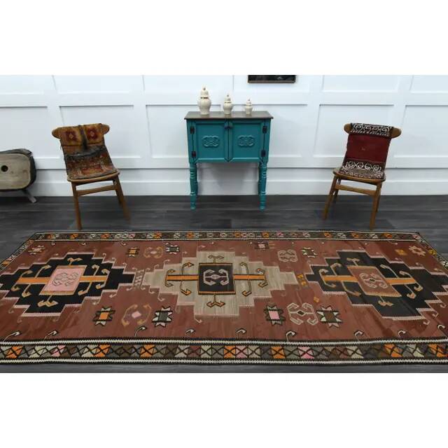 Vintage Turkish Oushak handmade wool cotton brown runner rug 137X338