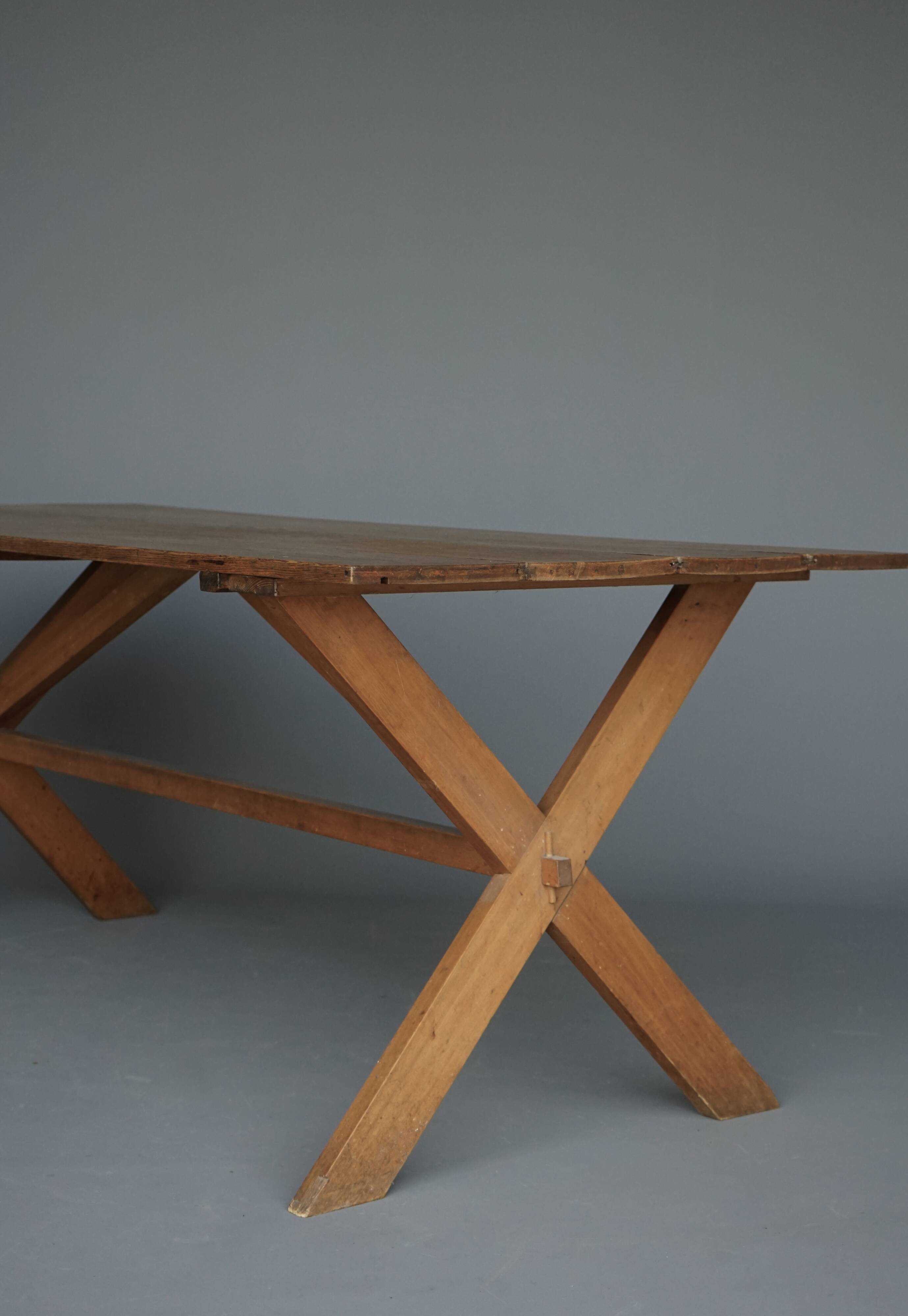 Rustic wooden Farmhouse X-frame Dining Table. 1940s