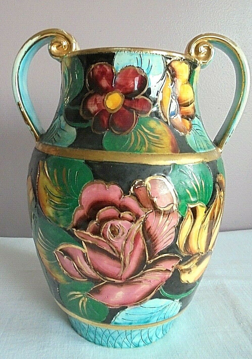 Vase Vallauris Deco hand Patterns flowers with gilding