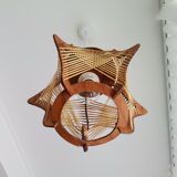 Vintage 1960s wood and straw wooden ceiling hanging lamp