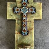 Wall cross with a holy water font in enamel and onyx, 19th century.