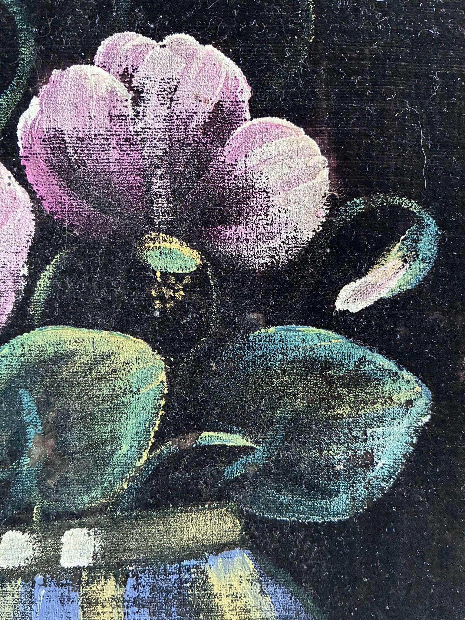 Vintage original velvet flower oil painting, pink flower still life art