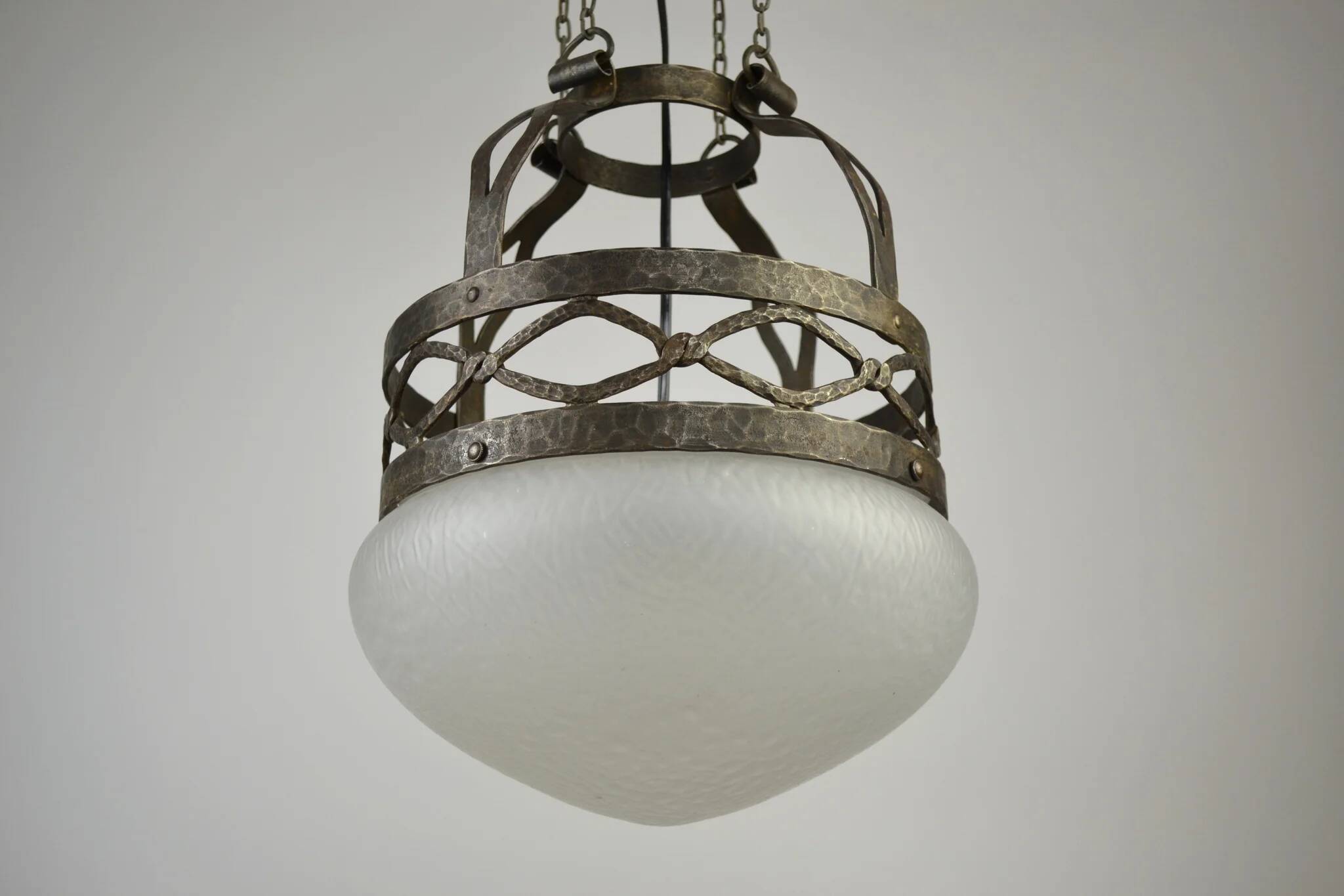 Ceiling lamp, hand-forged hammered iron with glass shade, early 20th century, Sweden