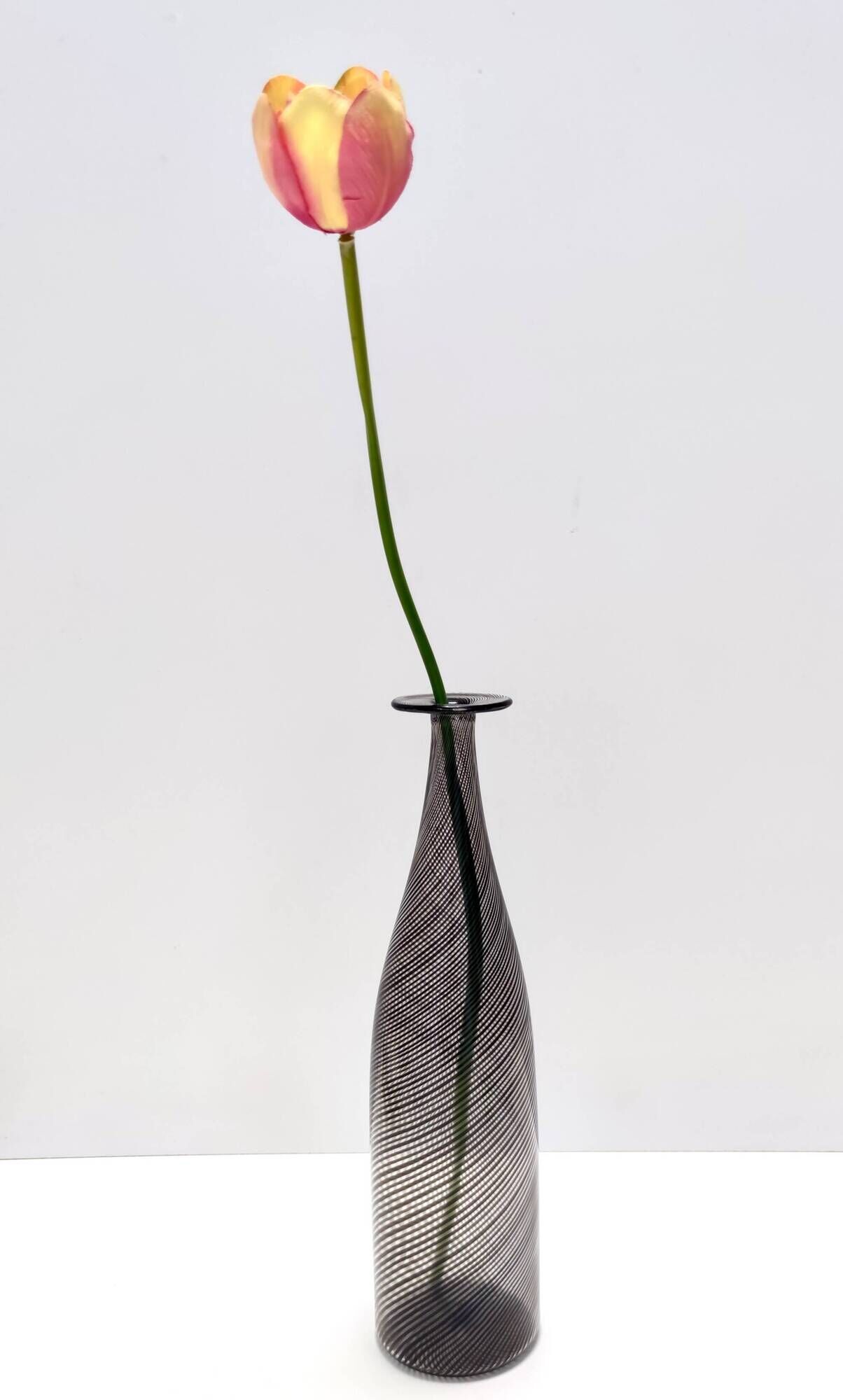 Black Murano Glass Bottle Vase "Mezza Filigrana" by Martens for Aureliano T
