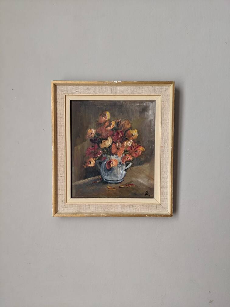 Acrylic painting on cardboard still life bohemian countryside decoration