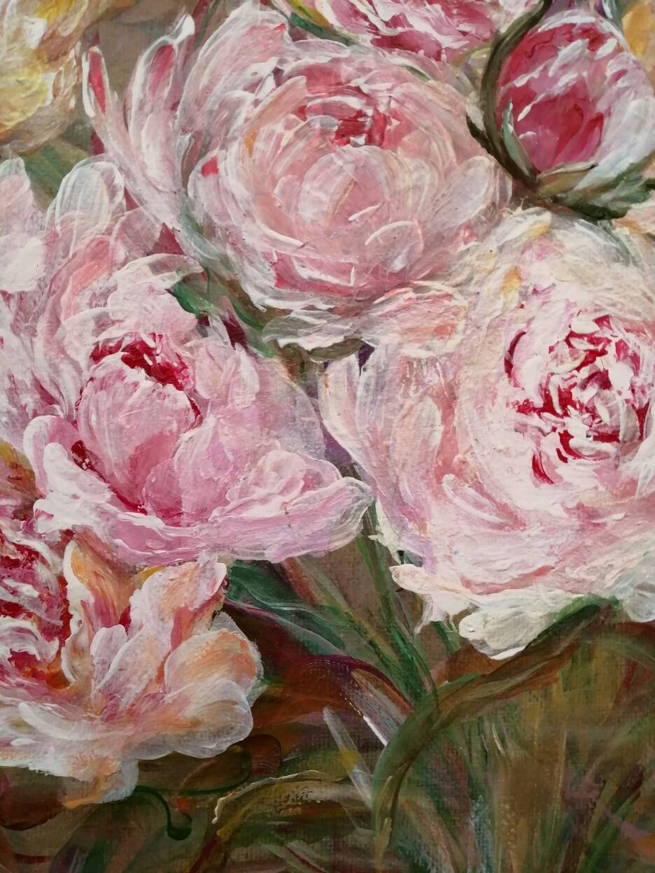 Peony bouquet painting signed and delivered with its certificate