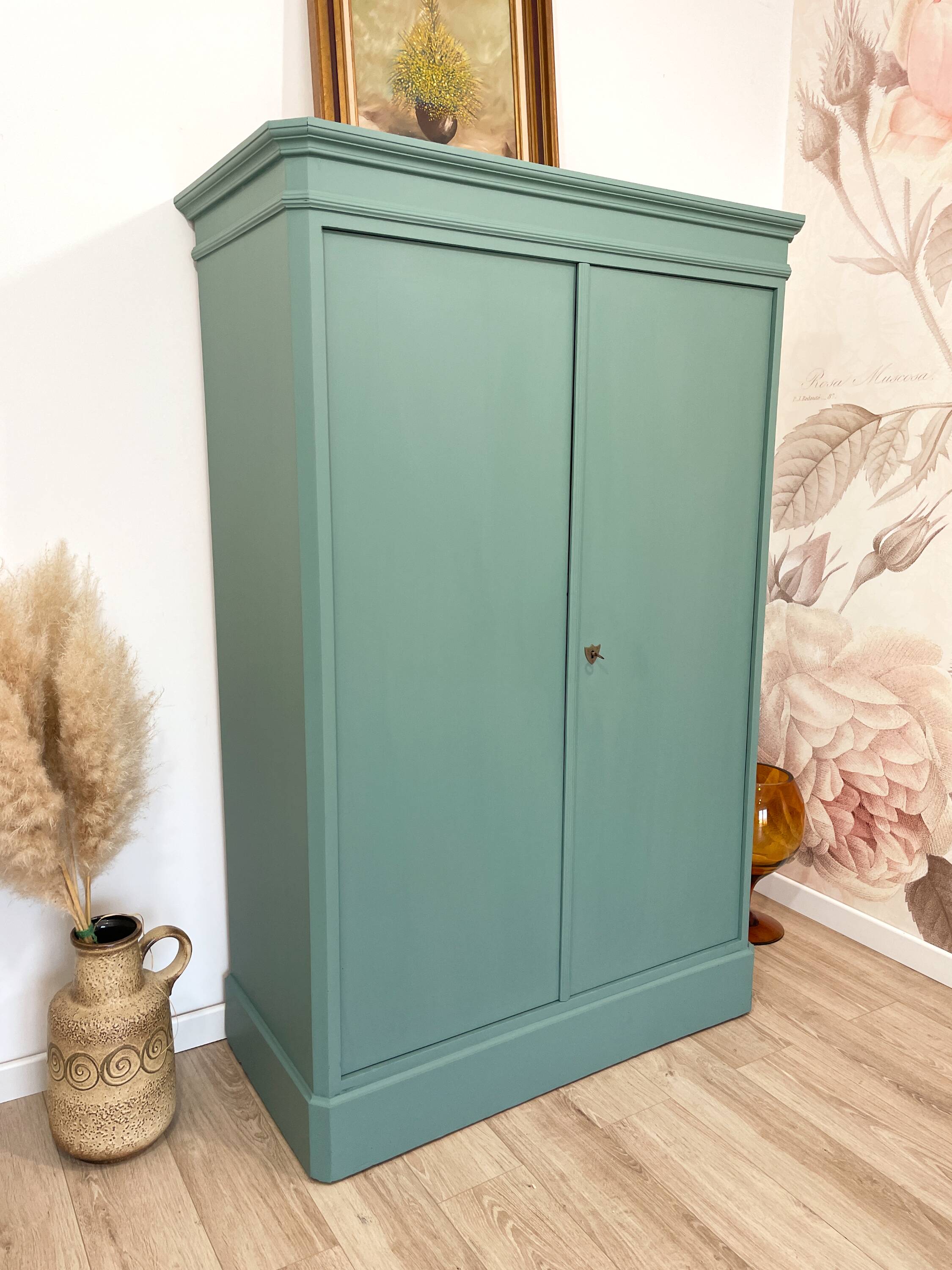 Antique solid pine wardrobe, reimagined in Celadon Green.