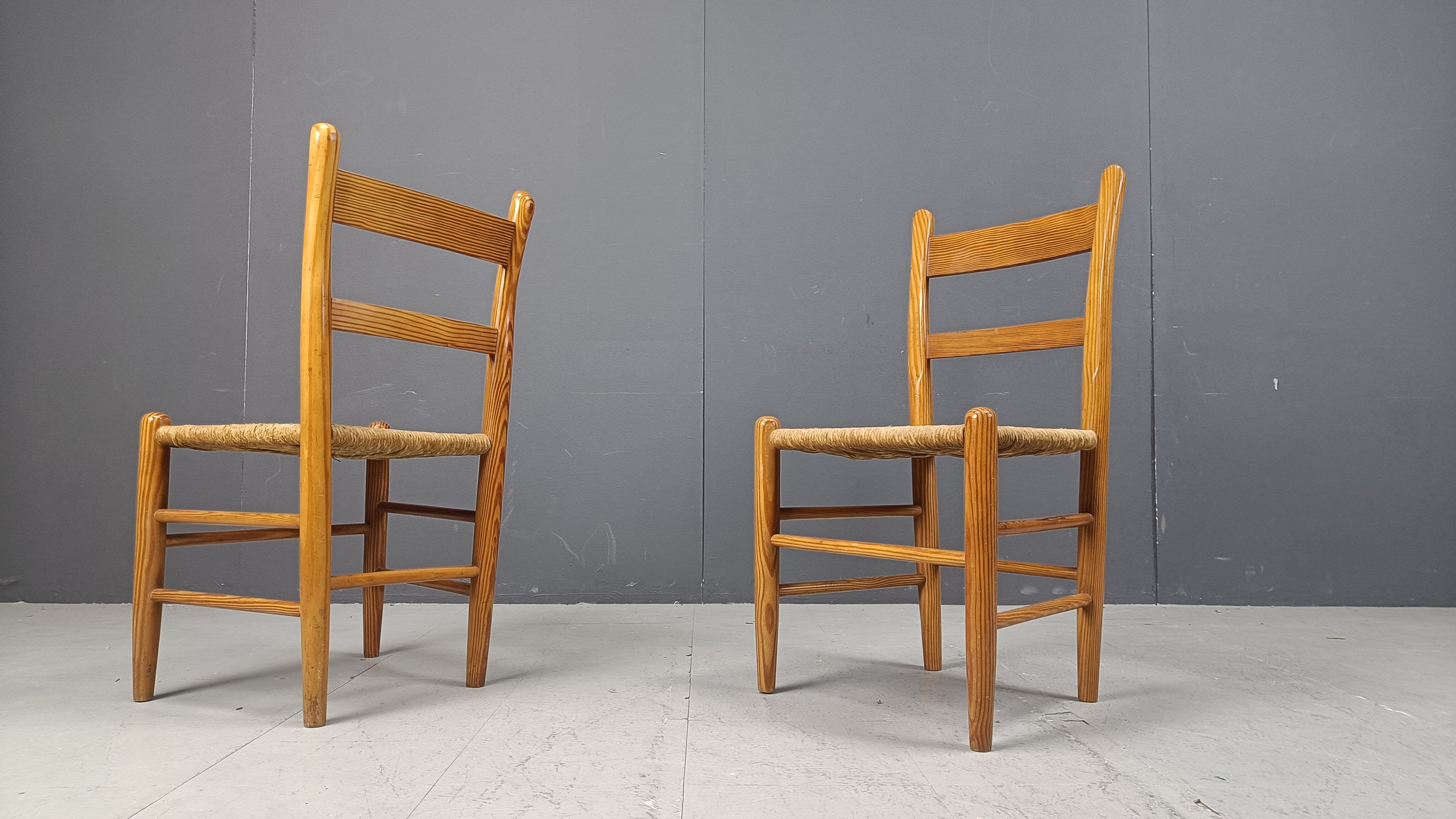 Mid-century oak and wicker dining chairs, set of 4 - 1970s