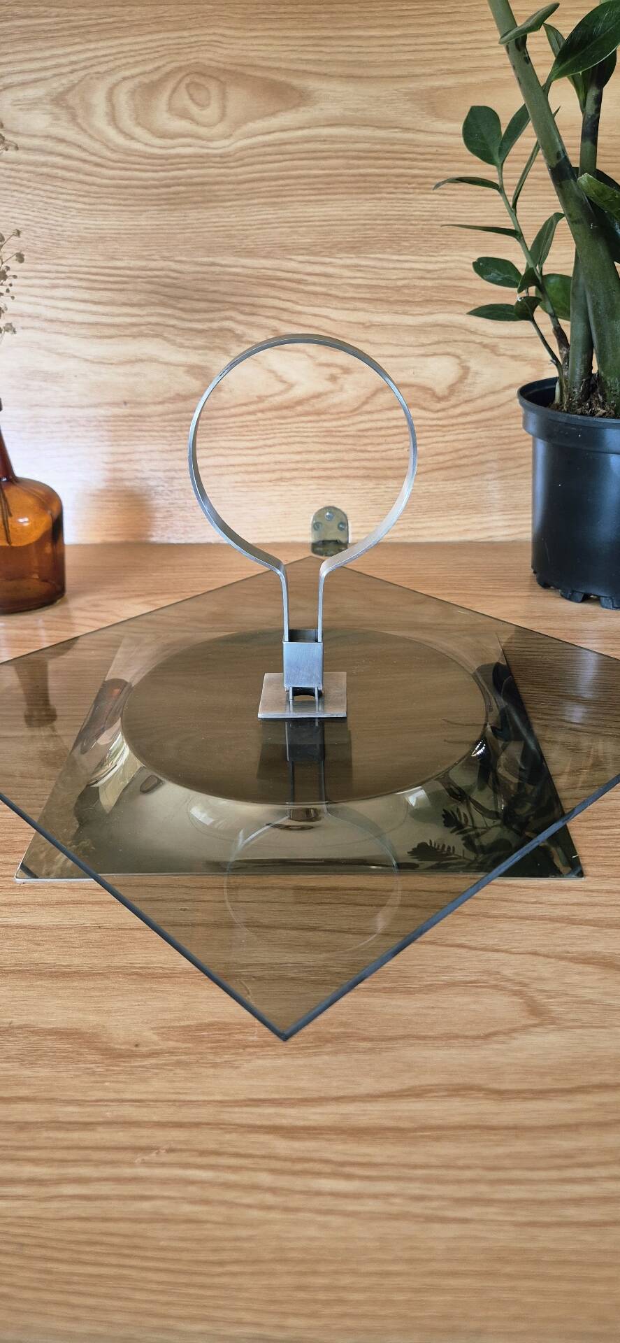 Space age 1970 vintage rotating cheese platter smoked glass chrome