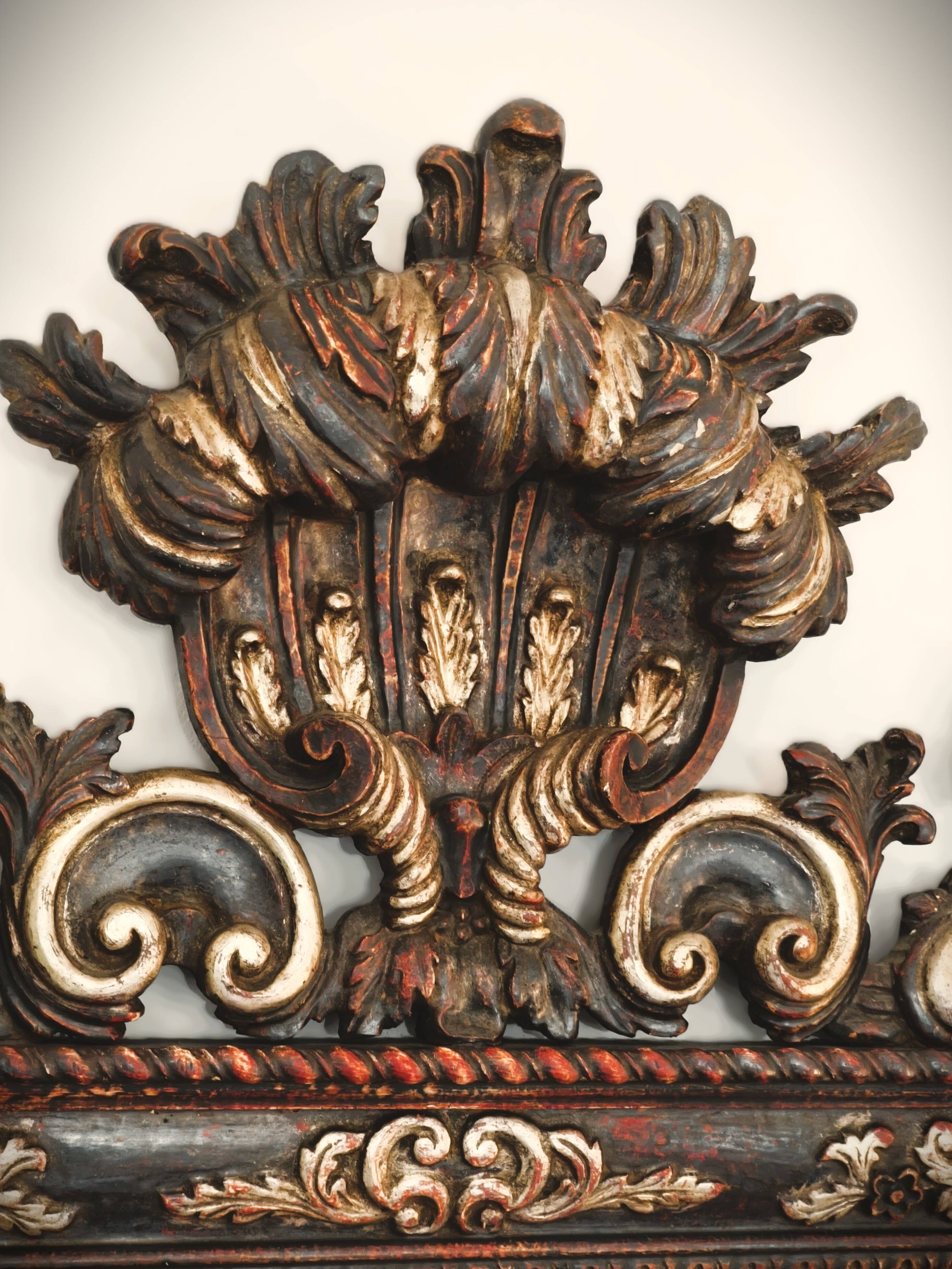 Grande Miroir Italien Sculpté, Bois Doré et Patiné, Style Baroque Rococo, A