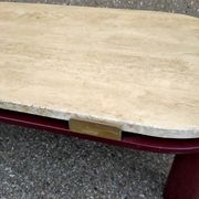 Coffee table Travertine top, garnet-colored metal stand and legs.  Long