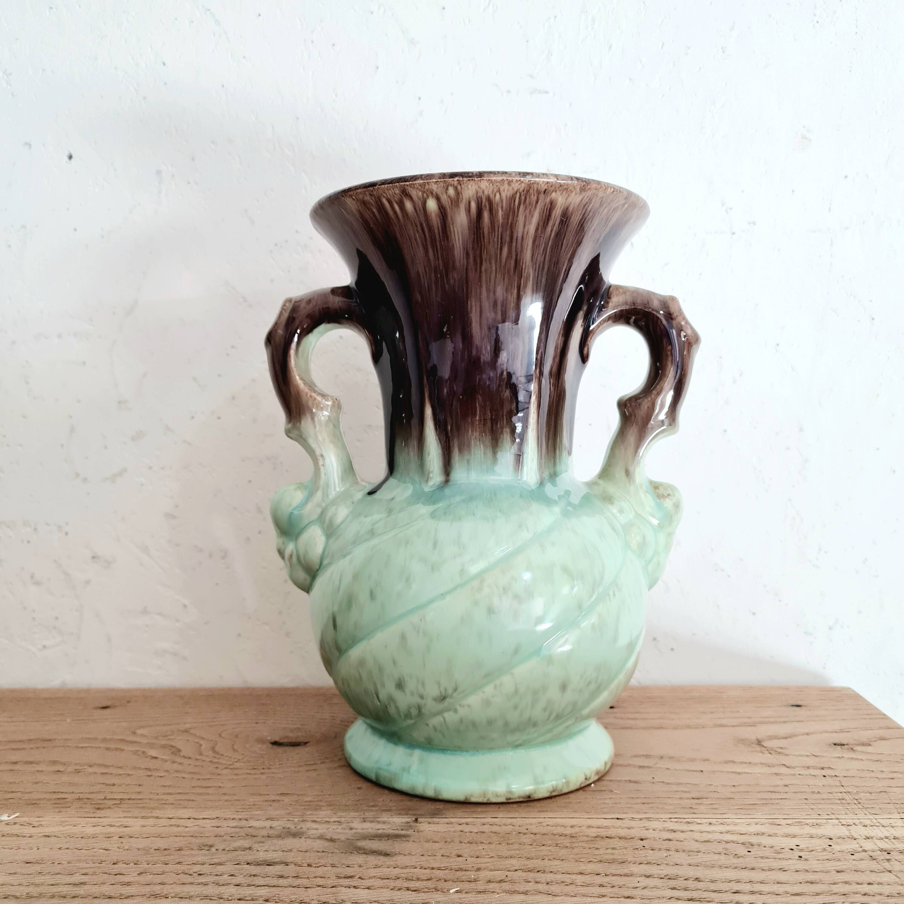 Vase Vintage En Céramique Made In Belgium - Brun Et Turquoise, Décor En Boules - Années 60/70