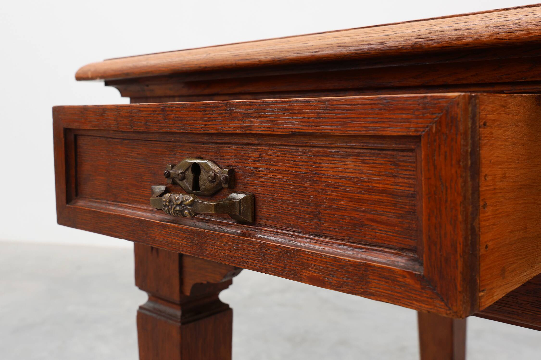 Art Deco carved oak Desk or Table with copper details, Belgium 1920s