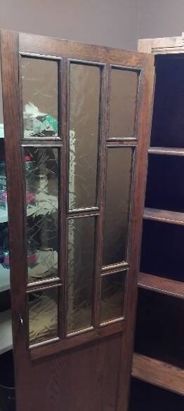 Parisian glass-fronted cabinet, Art Deco vintage bookshelf, solid oak furniture.