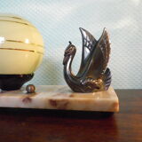Art deco table lamp 1920/1940, marble, opaline, regulated swan