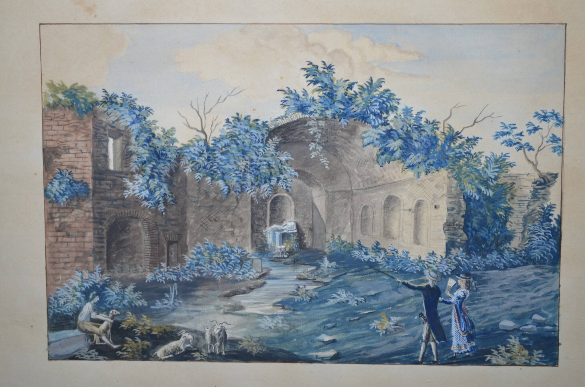 Ecole Italienne du XIXème siècle  « La source de la nymphe Egérie » Gouache