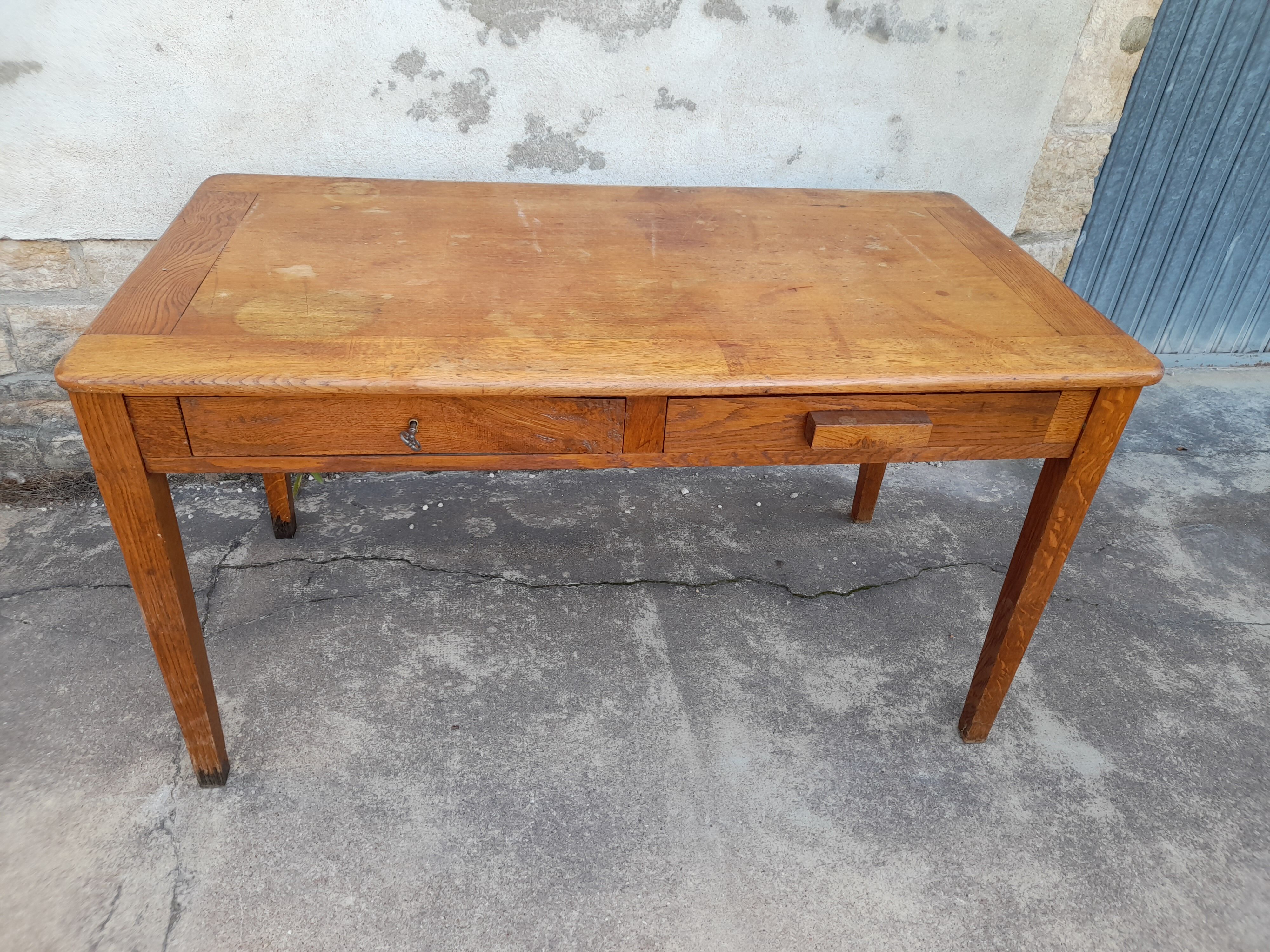 Oak desk table 1950 2 drawers -1m30
