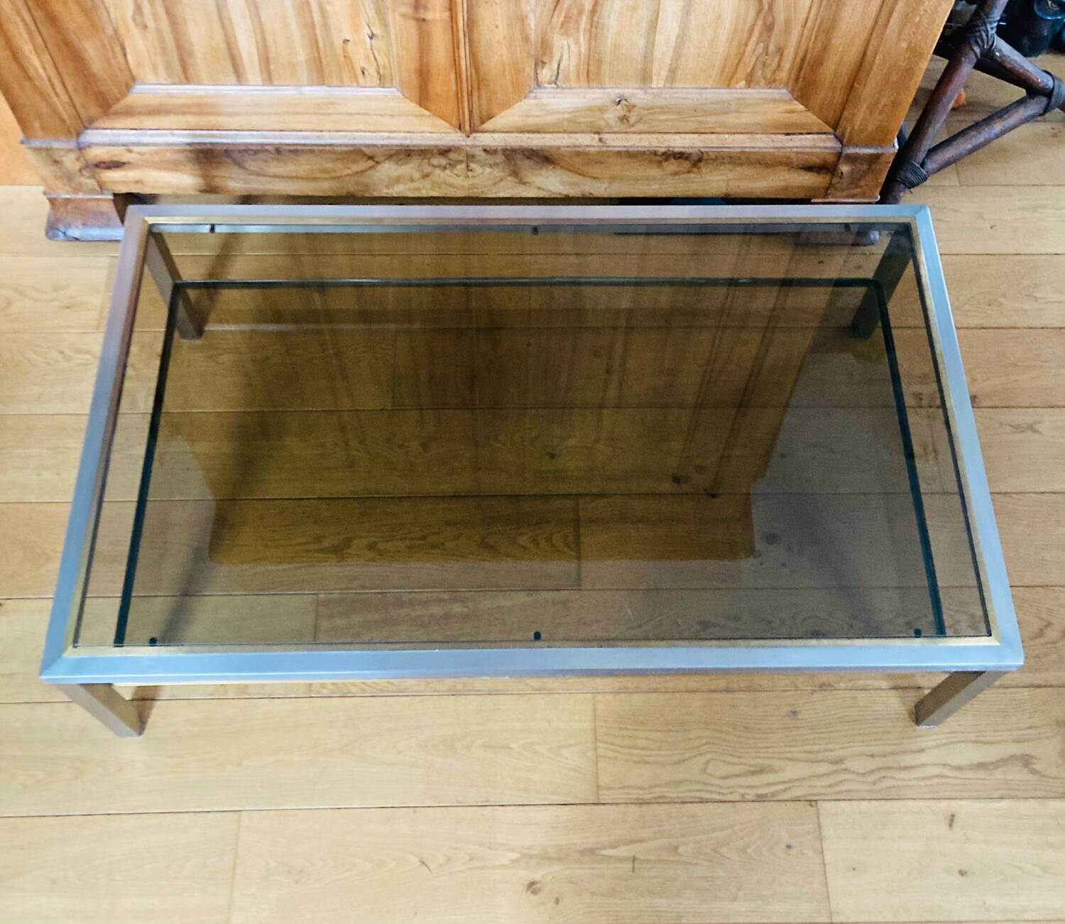 1970s coffee table in brushed metal, brass and smoked glass by Willy R