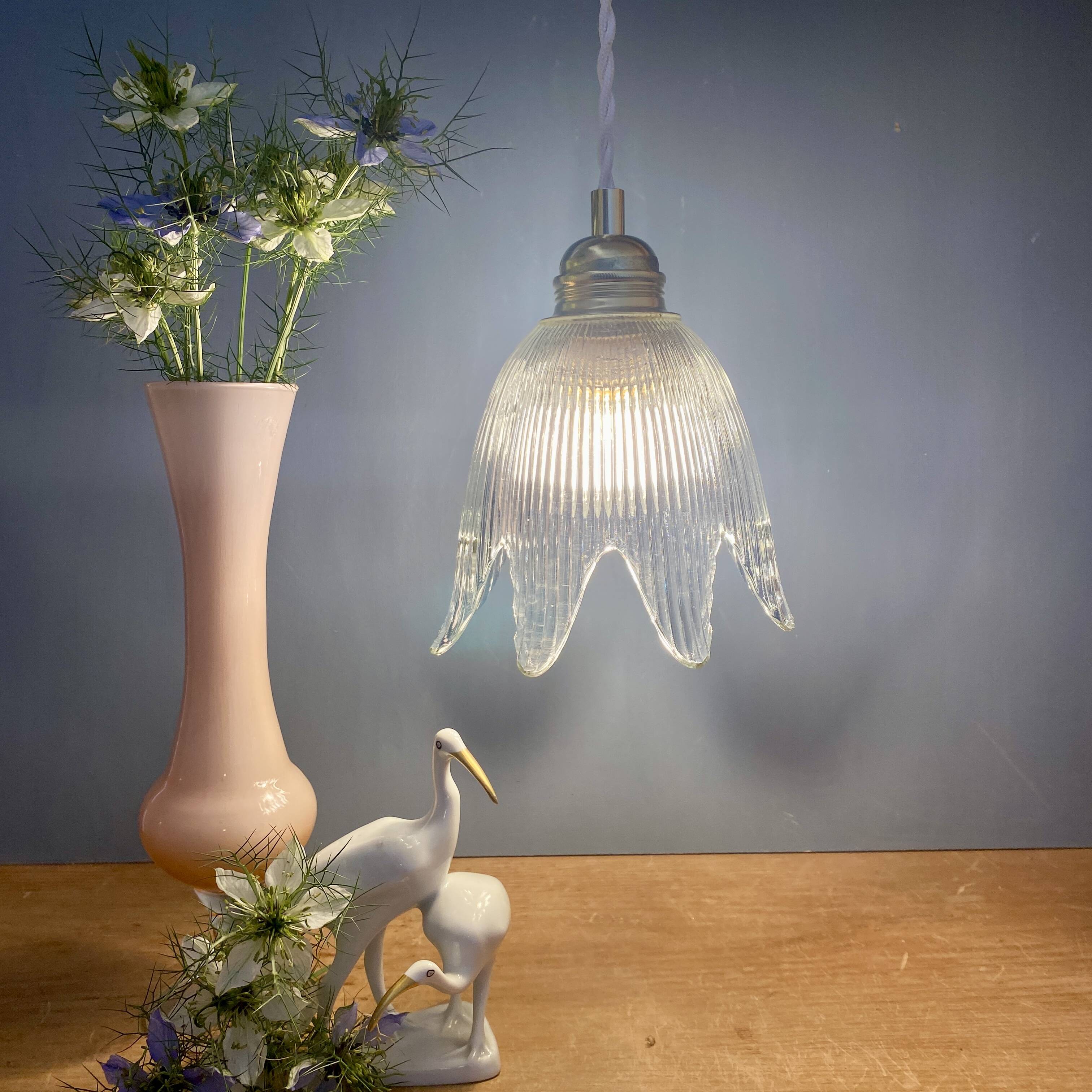 Vintage tulip flower pendant light in ribbed glass