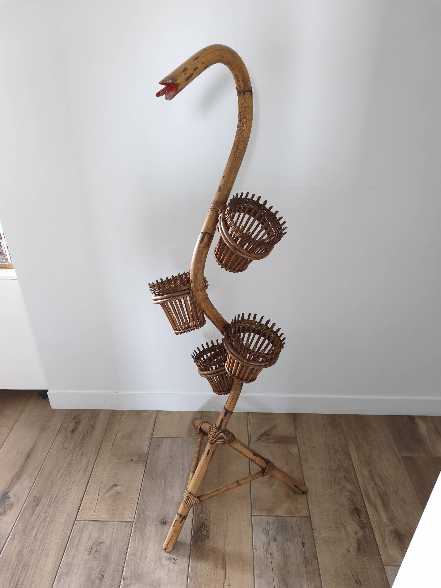 Vintage serpent plant stand in rattan and bamboo - 1960s