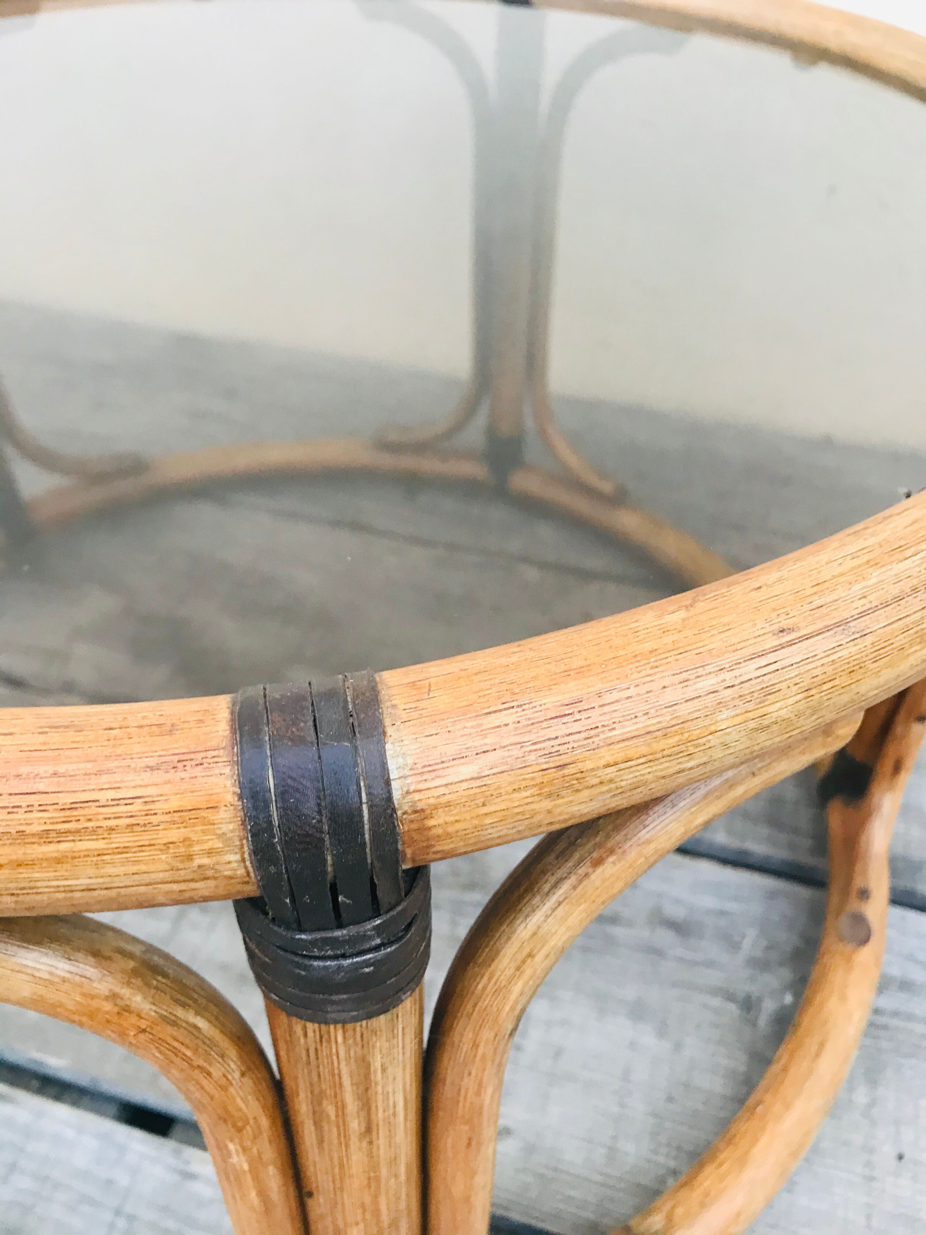 Bamboo round coffee table and vintage smoked glass 70