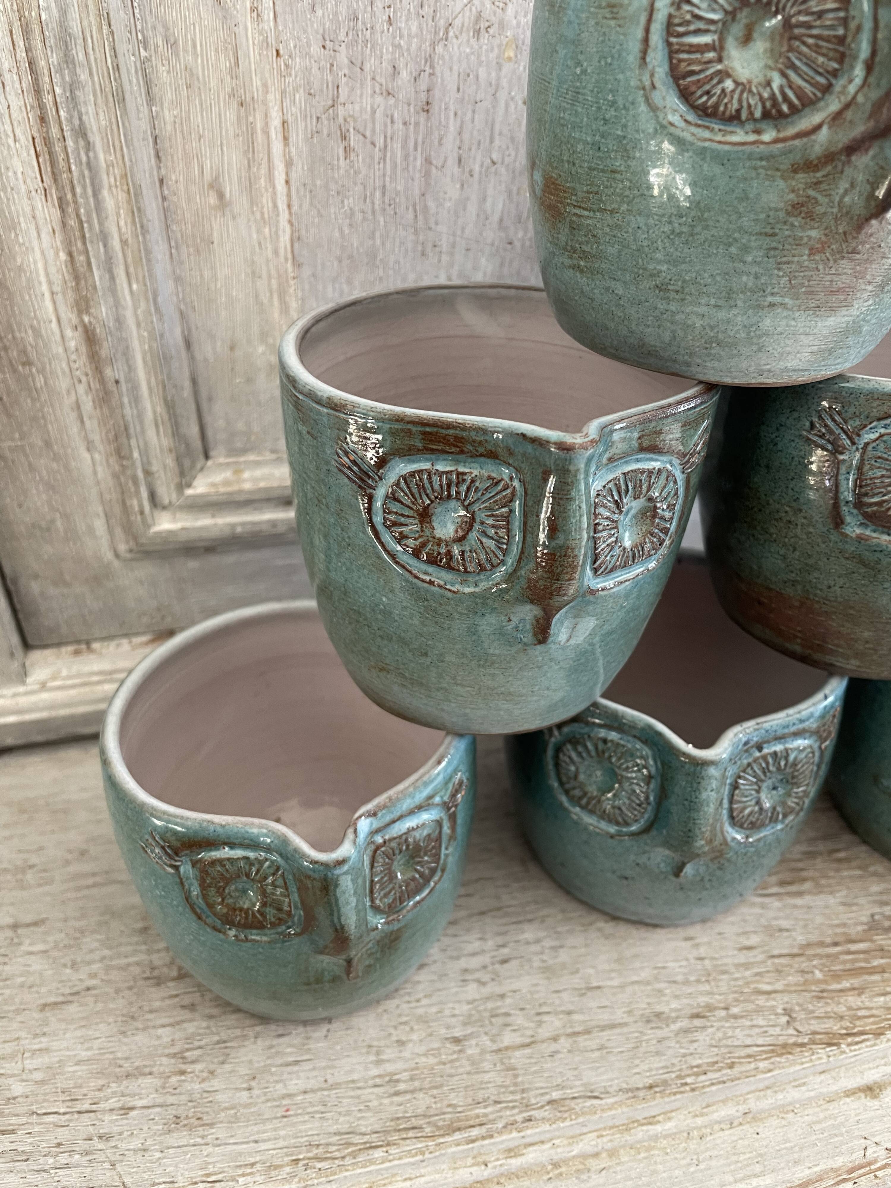 Set 6 vintage ceramic owl mugs