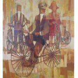 Tableau huile vintage cycliste sur son vélo Italie milieu 20ème siècle signé tableau XM