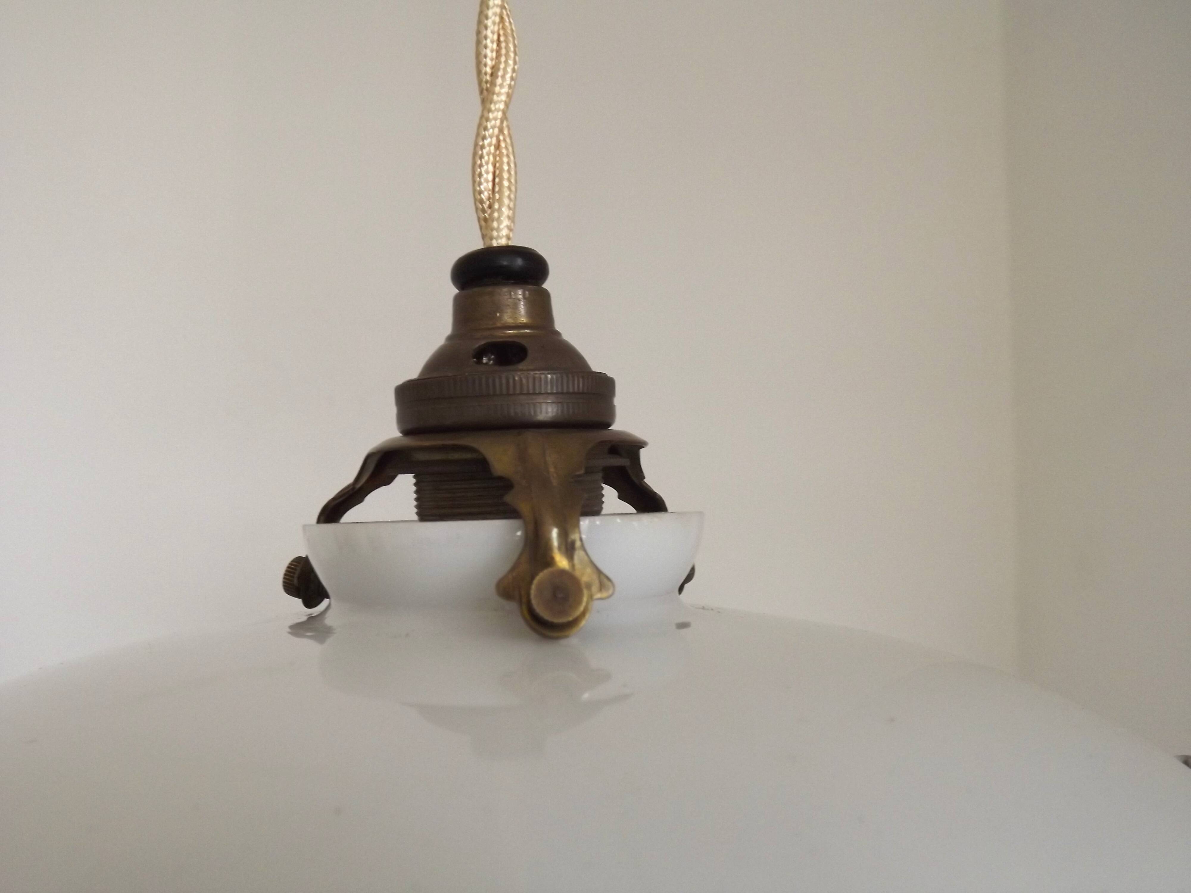 Vintage French Art Deco Opaline Glass Pendant Light Clear Frilled Edge