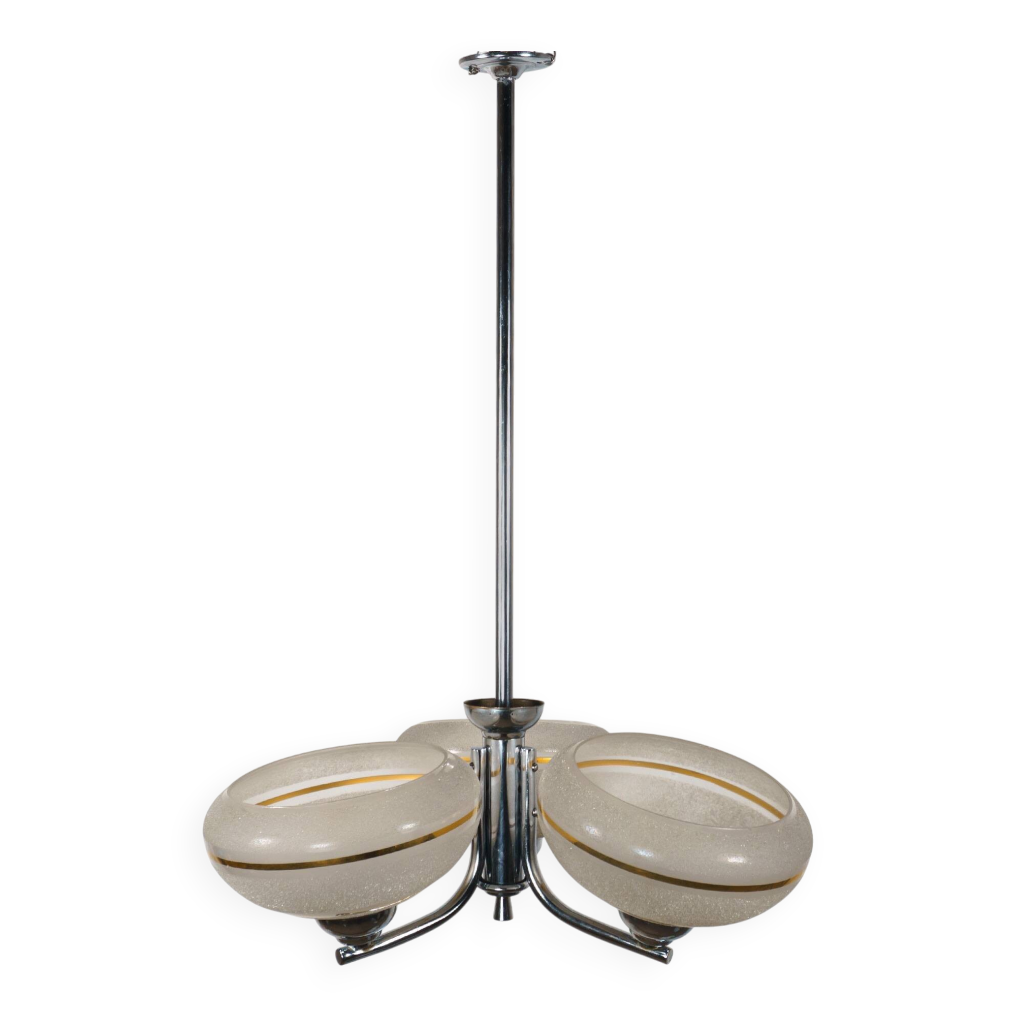 1930s English Art Deco 3-Arm Chrome & Gold Gilt Glass Chandelier Lamp
