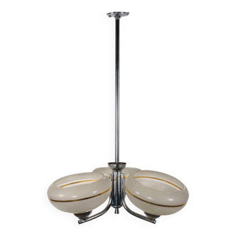 1930s English Art Deco 3-Arm Chrome & Gold Gilt Glass Chandelier Lamp