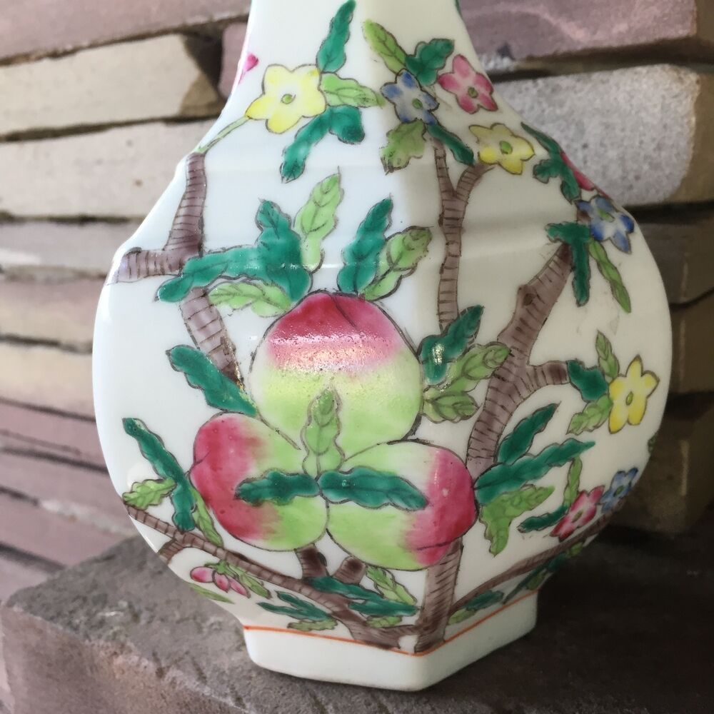 Hexagonal china porcelain vase xix th peches and 3 babs