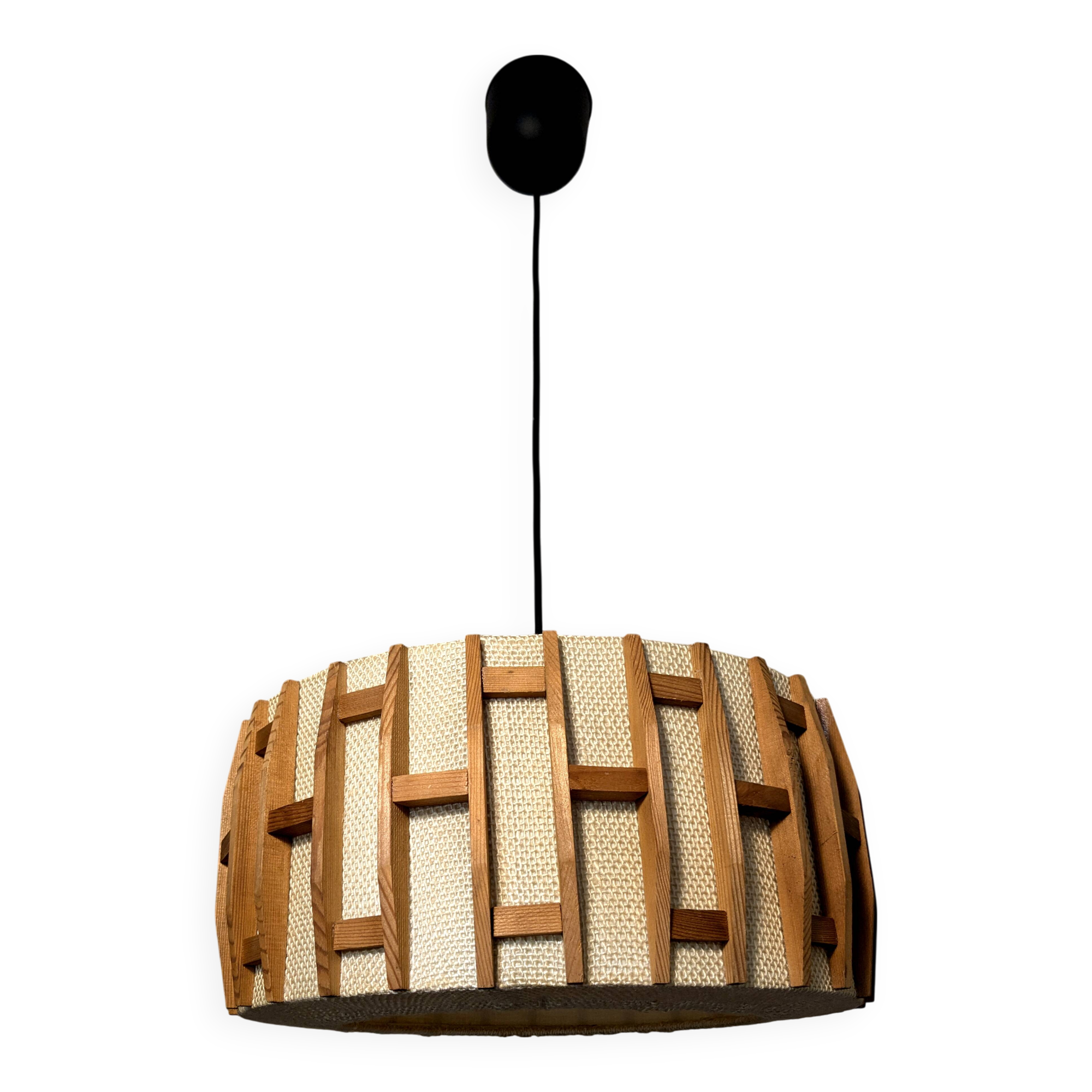 Pair of Scandinavian wooden and fabric pendant lights from the 60s