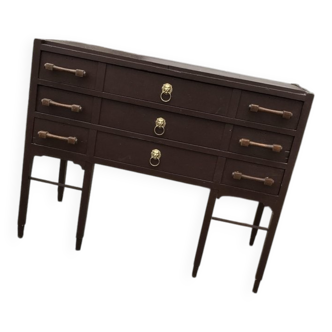 Vintage pine chest of drawers painted dark brown, 3 drawers from the 1950s mid-century style.