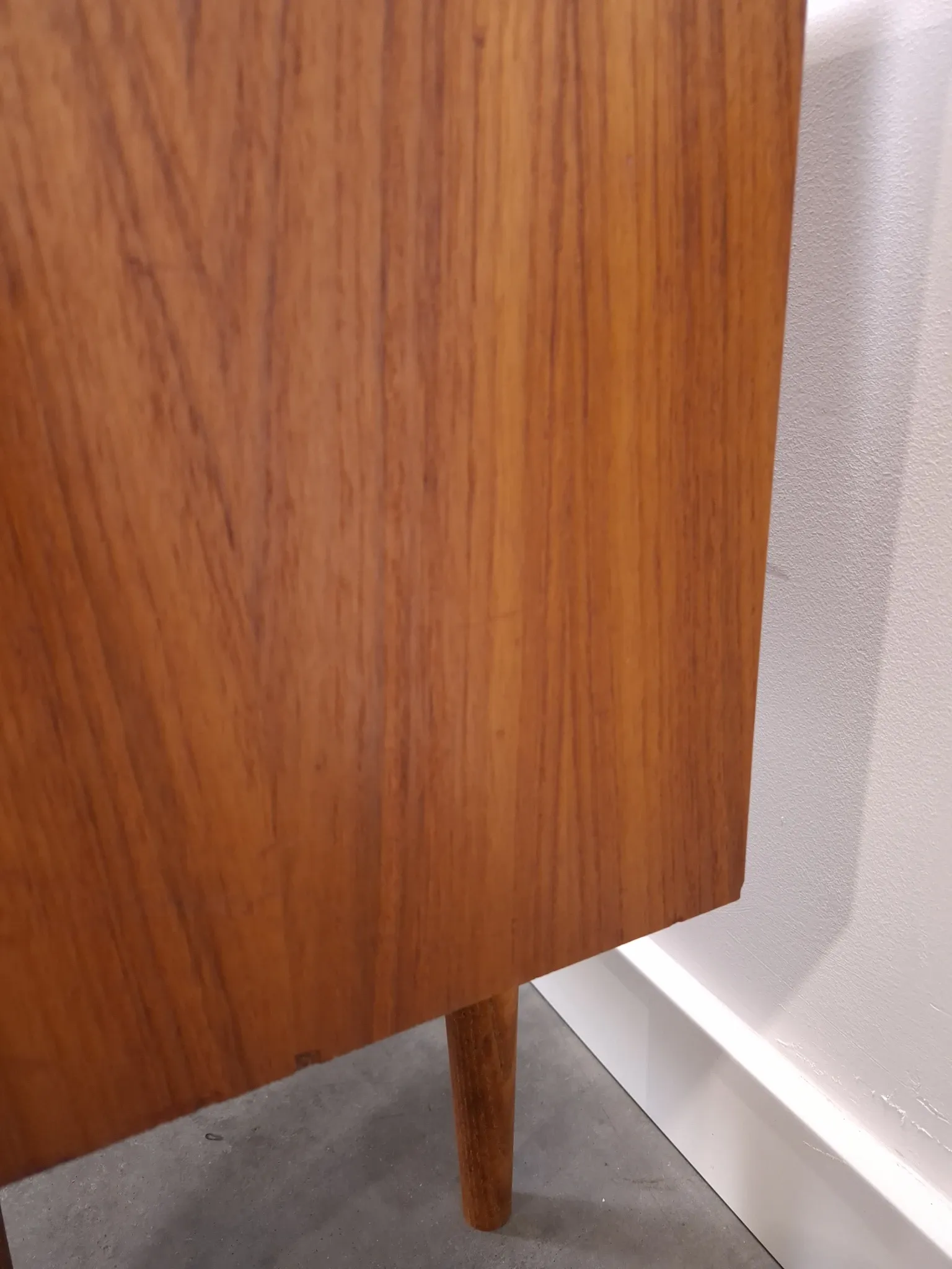 Vintage small teak cabinet with drawers, flap and black handles, hallway cabinet.