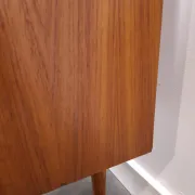 Vintage small teak cabinet with drawers, flap and black handles, hallway cabinet.