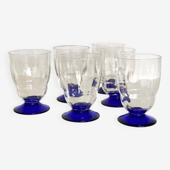 Set of 6 large art deco wine or water glasses and blue colored foot vintage tableware ACC-7092