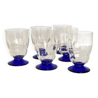 Set of 6 large art deco wine or water glasses and blue colored foot vintage tableware ACC-7092