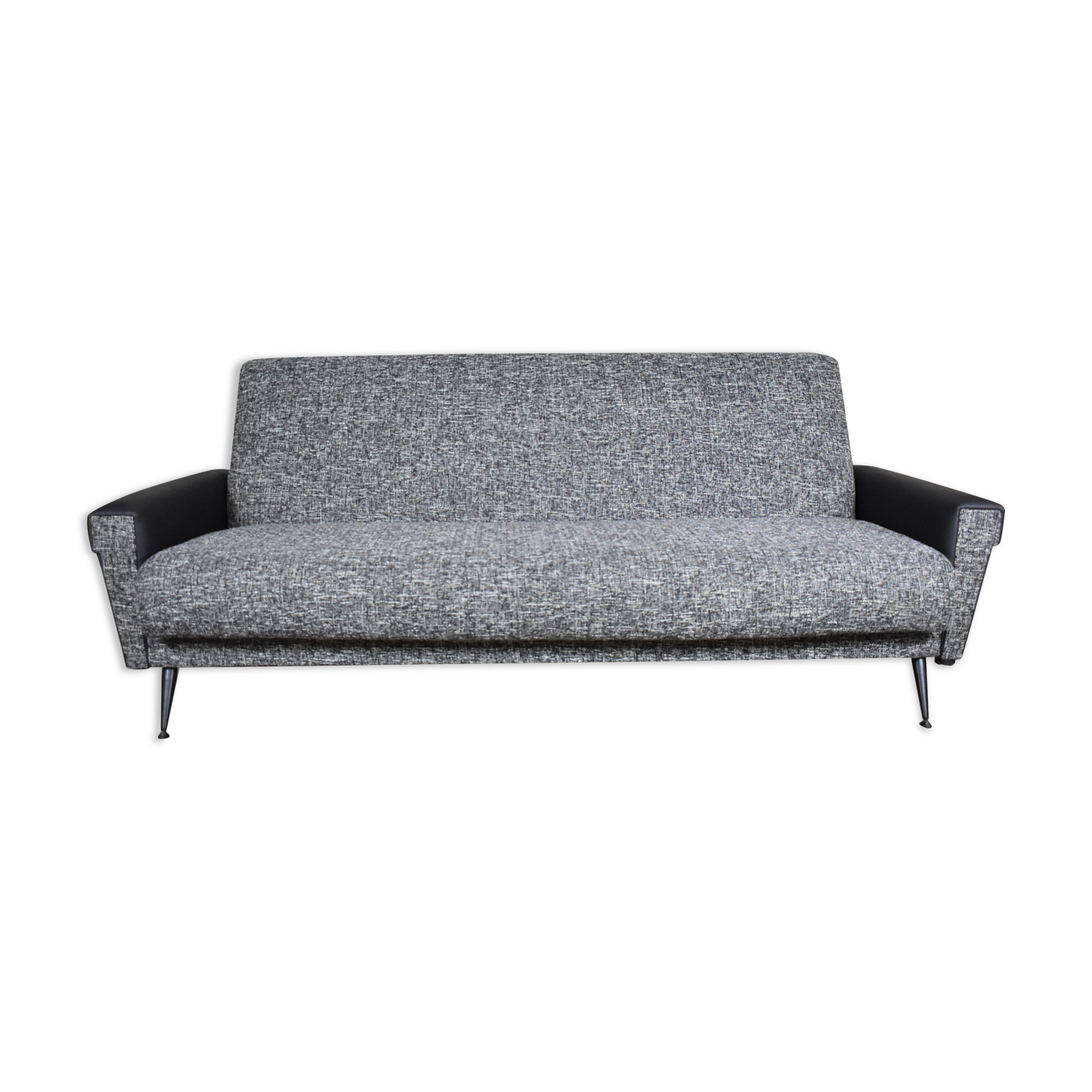 Restored couch, 60s, black and white fabric, black leather