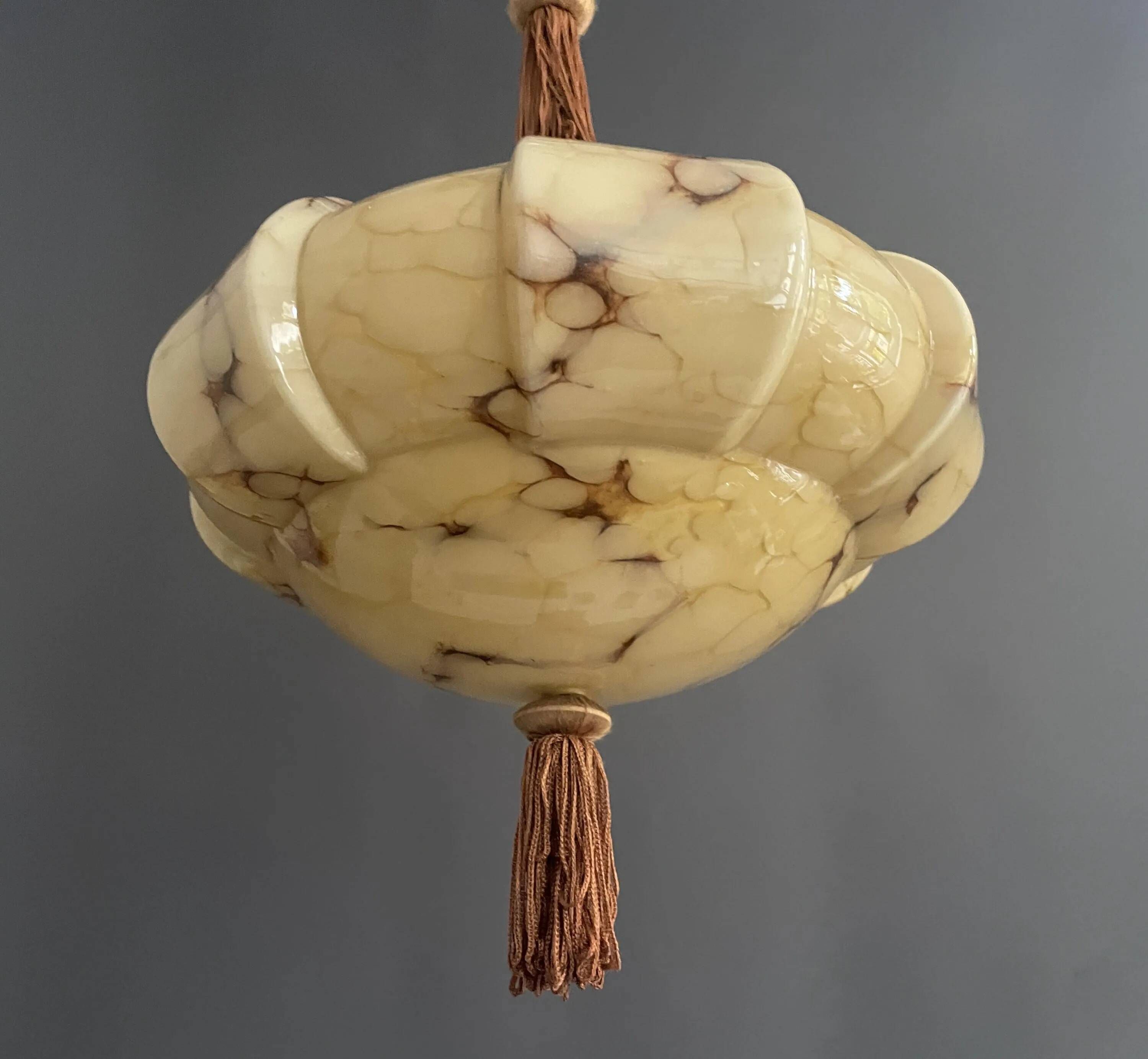 Art Deco Hanging Light with Wrapped Stem, Marble Effect, Metal and Brass - 1930s