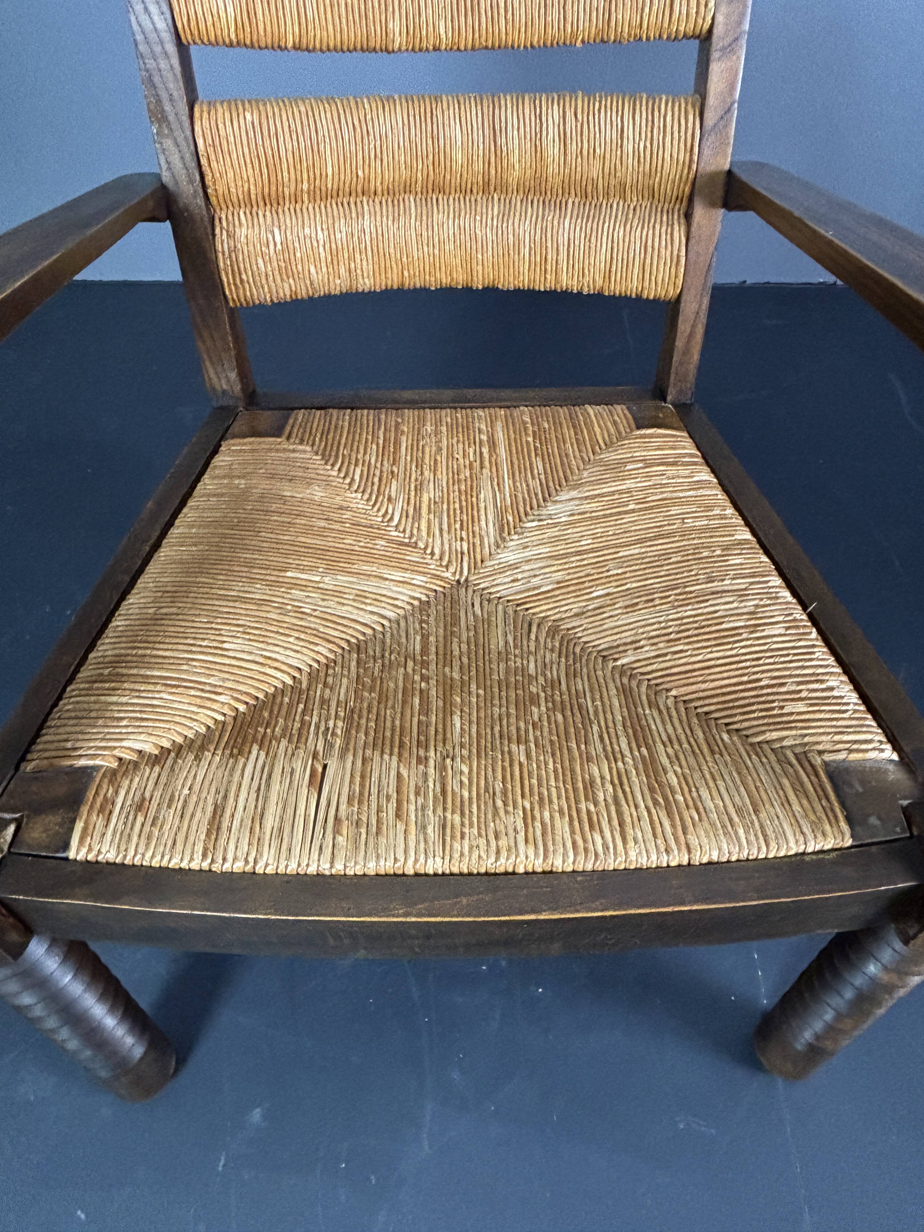 Wood turned rush armchair in the stye of Charles Dudouyt, France 1950s